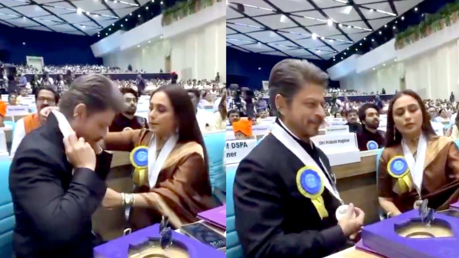 when rani mukerji turned savior for shah rukh khan video of her helping him wear medal goes viral