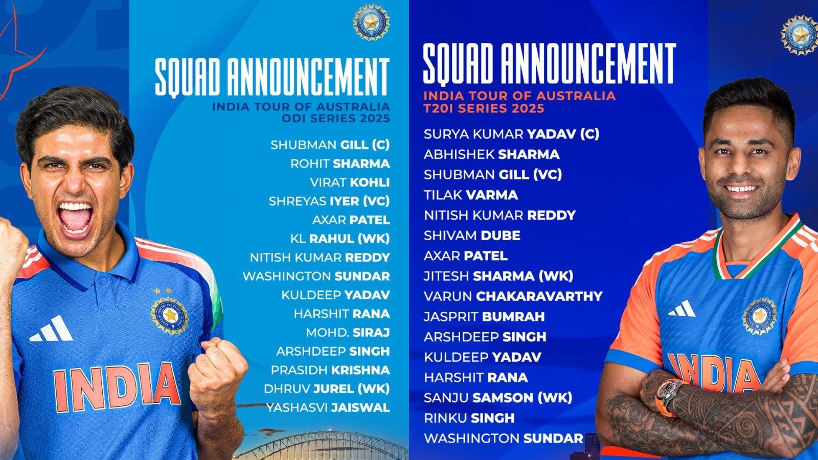 shubman gill named india odi captain kohli rohit included in squad
