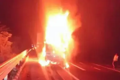 delhi mumbai expressway ghastly accident pickup van catches fire after collision with truck three burnt alive