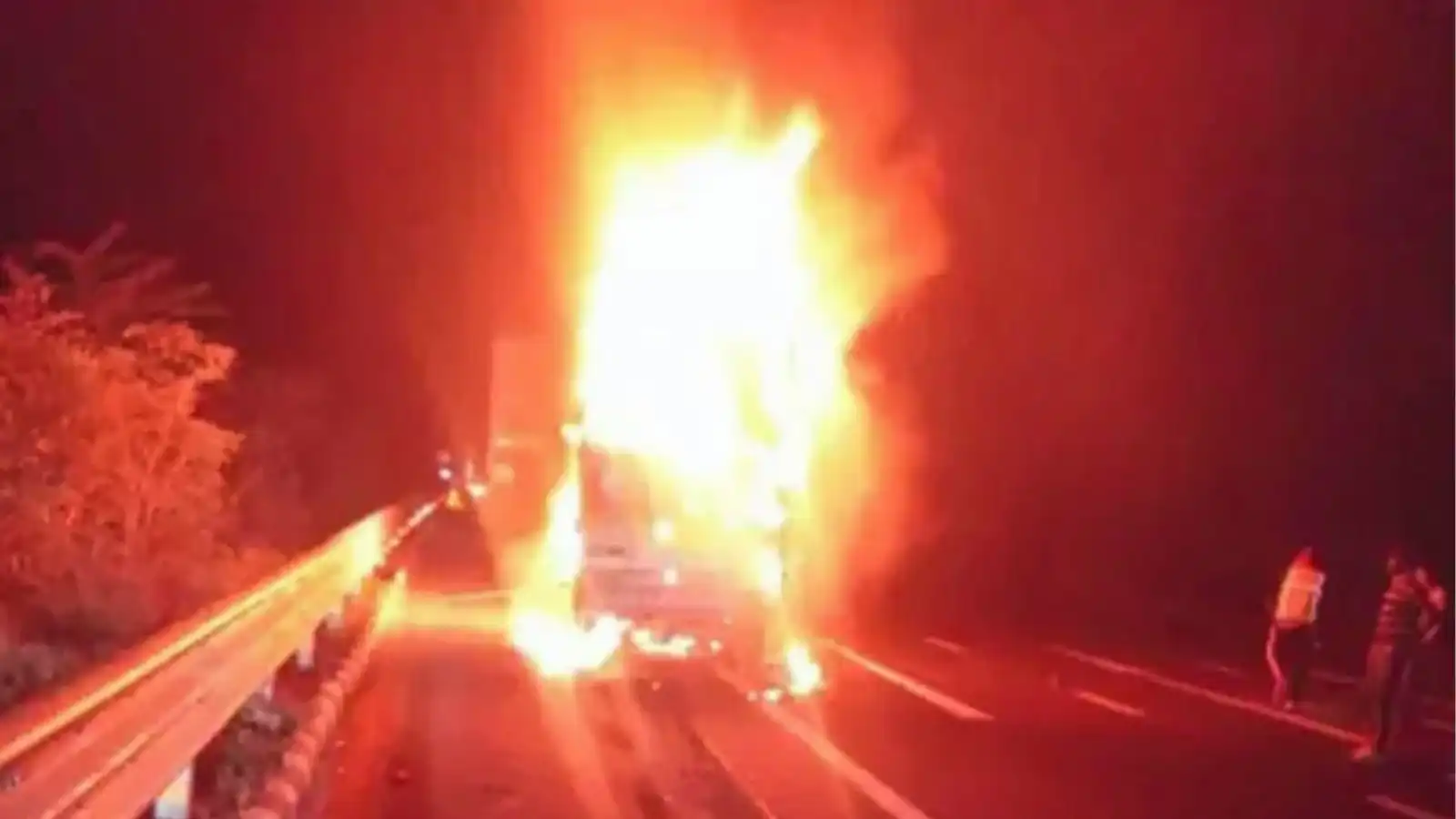 delhi mumbai expressway ghastly accident pickup van catches fire after collision with truck three burnt alive