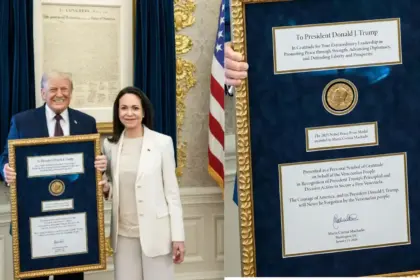 maria machado hands over her nobel peace prize to trump u s president overjoyed after receiving second hand medal