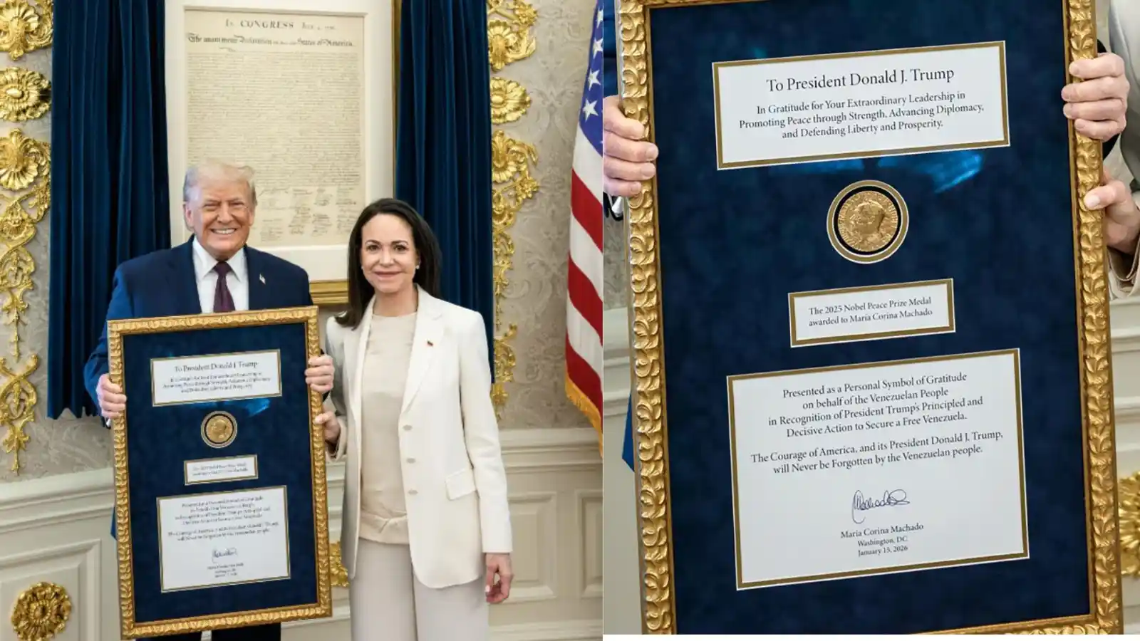maria machado hands over her nobel peace prize to trump u s president overjoyed after receiving second hand medal