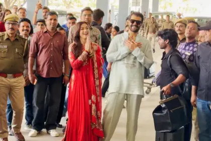 Rashmika and Vijay Make Their First Public Appearance After Marriage Mrs. Deverakonda Looks Gorgeous in Red Suit with Sindoor