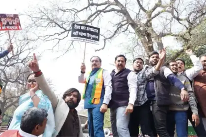 bjp takes to the streets in protest against congress at ai summit delhi president virender sachdeva detained by police
