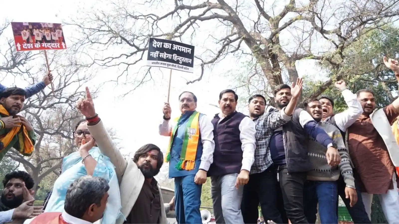 bjp takes to the streets in protest against congress at ai summit delhi president virender sachdeva detained by police
