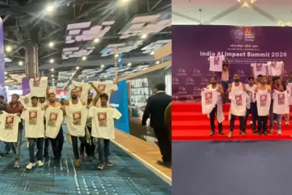 youth congress strips to protest during ai summit at bharat mandapam bjp calls it an attempt to defame