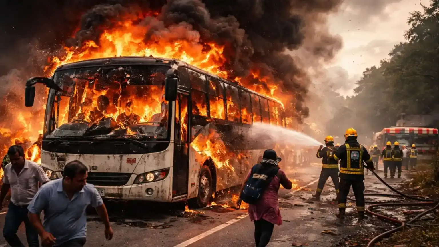 chaos in odisha as moving bus catches fire 37 passengers including mla on board