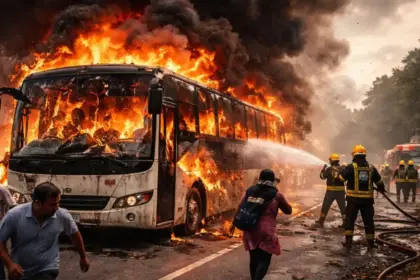 chaos in odisha as moving bus catches fire 37 passengers including mla on board