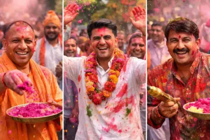 holi celebration india cm yogi manoj tiwari sachin pilot