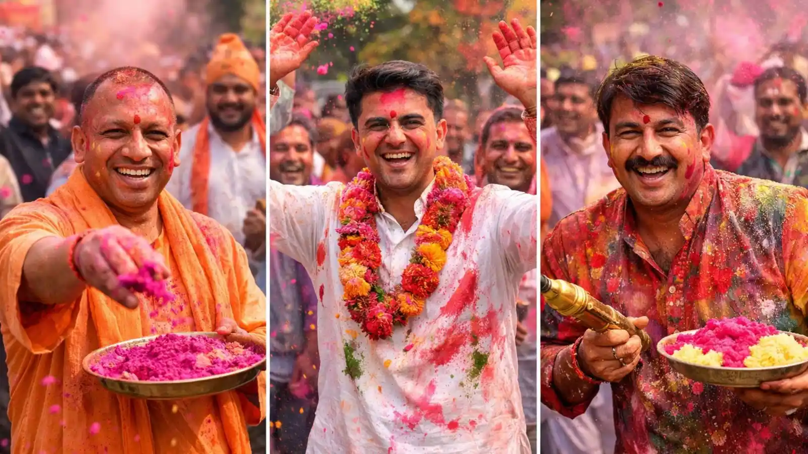 holi celebration india cm yogi manoj tiwari sachin pilot