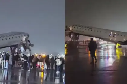 major mishap at new yorks laguardia airport as air canada plane collides with fire truck on runway several injured