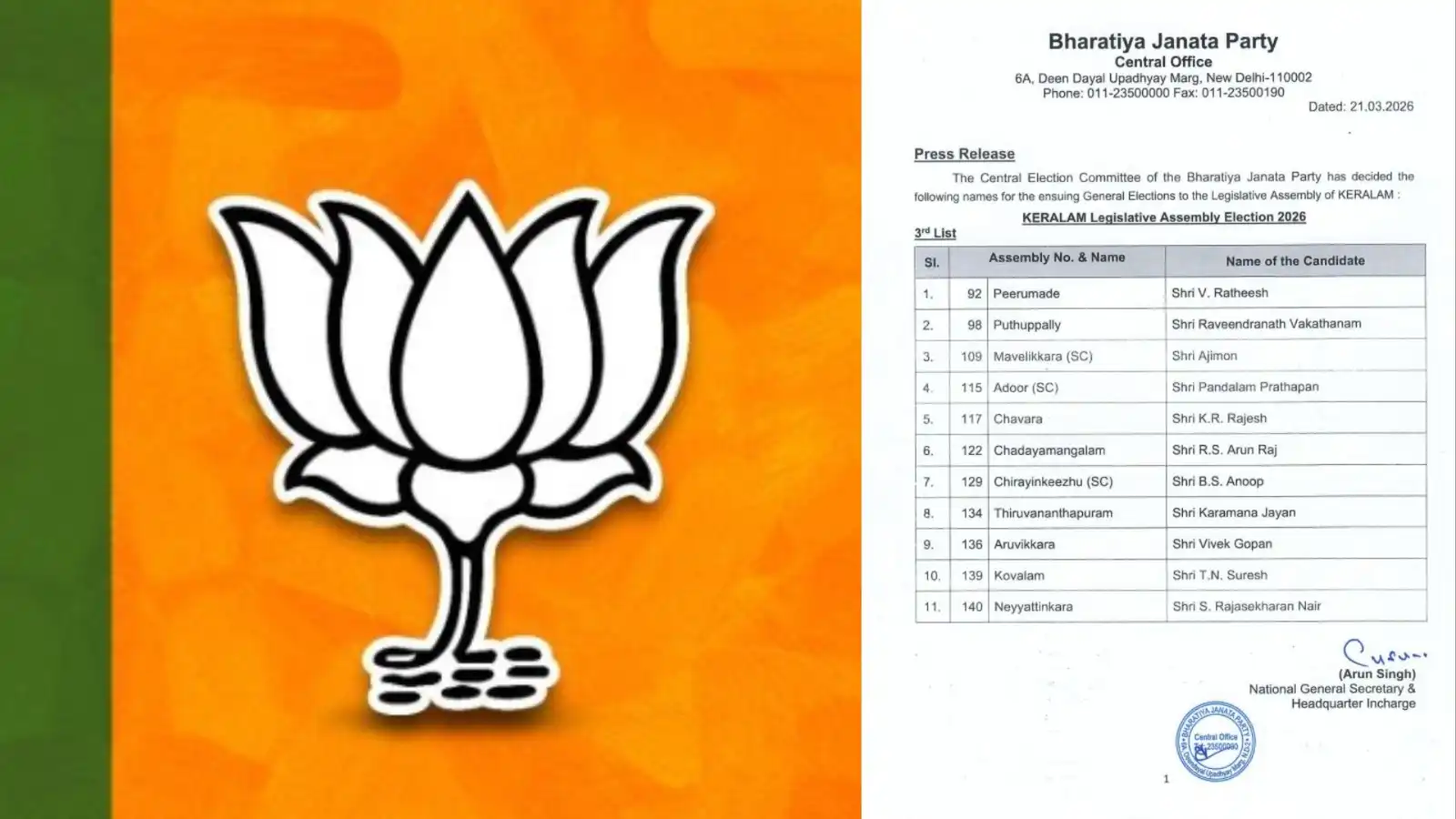 puducherry assembly elections 2026 bjp releases list of 9 candidates home minister a namassivayam to contest from mannadipet seat