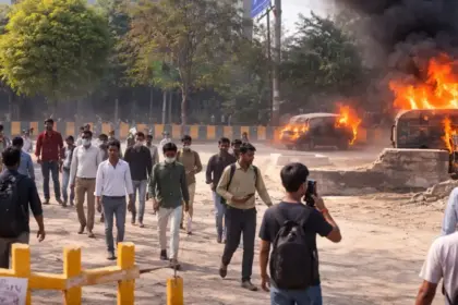noida workers violent protest salary hike demand vehicles vandalized fire