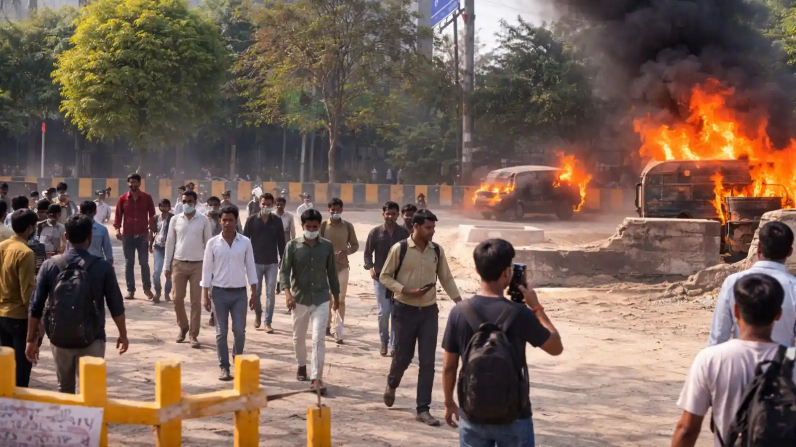noida workers violent protest salary hike demand vehicles vandalized fire