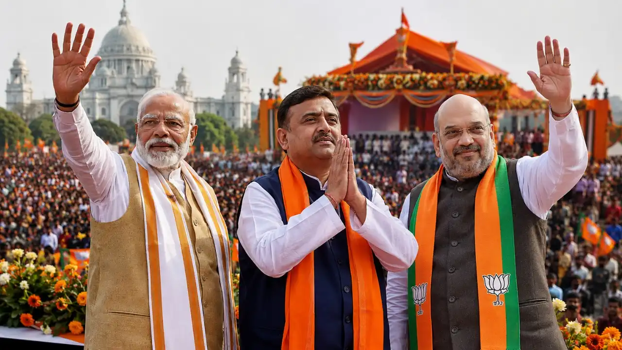 power stage set in kolkata pm modi arrives at ceremony suvendu adhikari to take oath as cm shortly